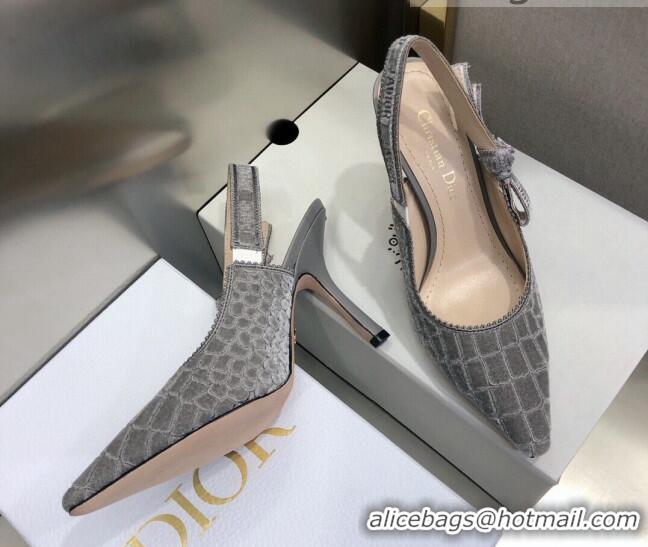 Unique Grade Dior J'Adior Slingback Pumps 9.5cm in Grey Crocodile-Effect Embroidered Velvet 111580