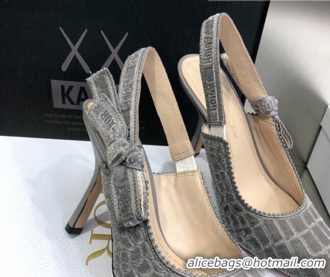 Unique Grade Dior J'Adior Slingback Pumps 9.5cm in Grey Crocodile-Effect Embroidered Velvet 111580