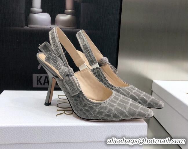 Unique Grade Dior J'Adior Slingback Pumps 9.5cm in Grey Crocodile-Effect Embroidered Velvet 111580