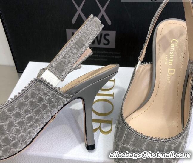 Unique Grade Dior J'Adior Slingback Pumps 9.5cm in Grey Crocodile-Effect Embroidered Velvet 111580