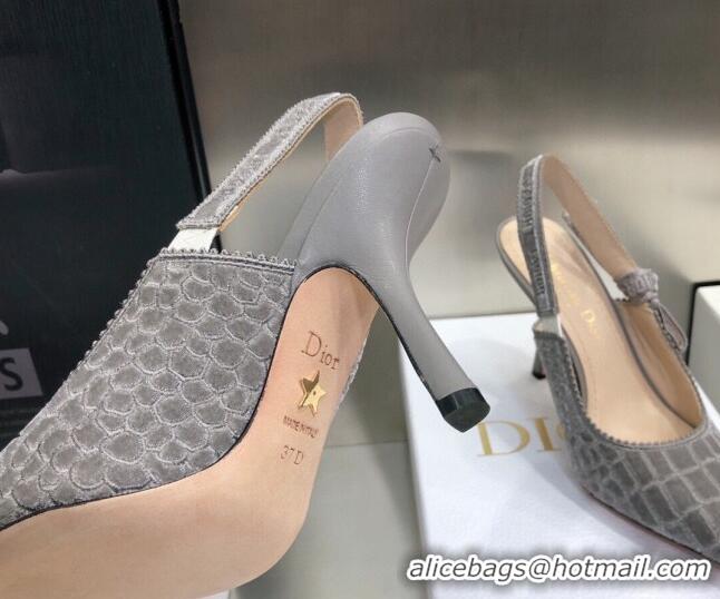 Unique Grade Dior J'Adior Slingback Pumps 9.5cm in Grey Crocodile-Effect Embroidered Velvet 111580