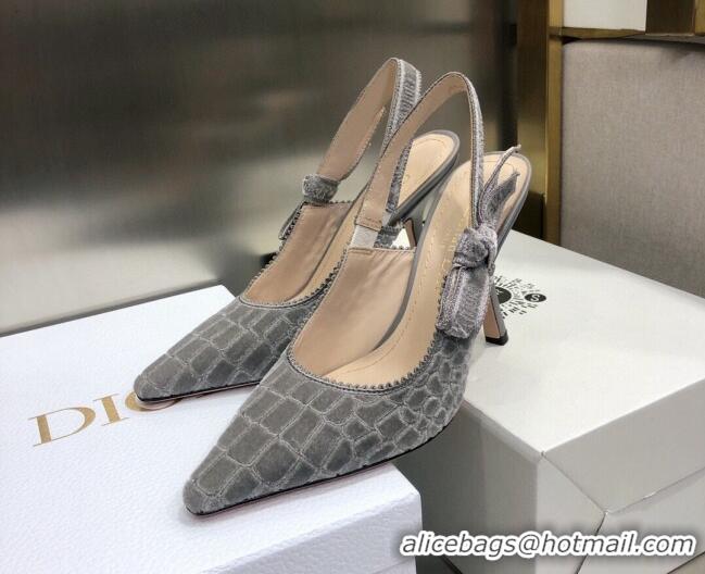 Unique Grade Dior J'Adior Slingback Pumps 9.5cm in Grey Crocodile-Effect Embroidered Velvet 111580