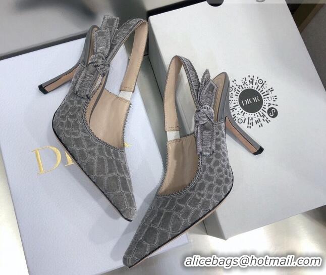 Unique Grade Dior J'Adior Slingback Pumps 9.5cm in Grey Crocodile-Effect Embroidered Velvet 111580