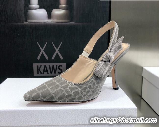 Unique Grade Dior J'Adior Slingback Pumps 9.5cm in Grey Crocodile-Effect Embroidered Velvet 111580