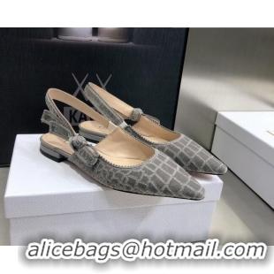 Best Product Dior J'Adior Slingback Ballerina Flat in Grey Crocodile-Effect Embroidered Velvet 111582