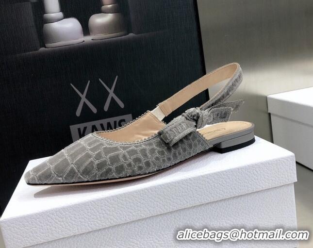 Best Product Dior J'Adior Slingback Ballerina Flat in Grey Crocodile-Effect Embroidered Velvet 111582