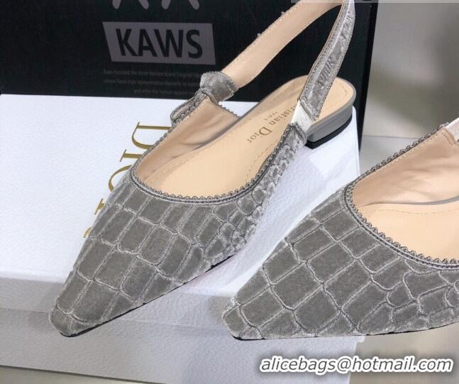 Best Product Dior J'Adior Slingback Ballerina Flat in Grey Crocodile-Effect Embroidered Velvet 111582