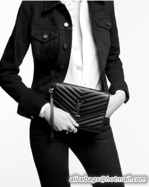 New Fashion Yves Saint Laurent MONOGRAM CLUTCH IN QUILTED GRAIN DE POUDRE EMBOSSED LEATHER 617662 black