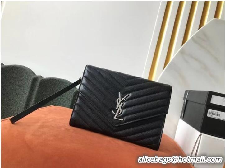 Inexpensive Yves Saint Laurent MONOGRAM CLUTCH IN QUILTED GRAIN DE POUDRE EMBOSSED LEATHER B617662 black