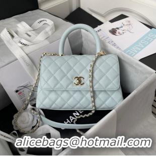 Discount Chanel flap bag with top handle Grained Calfskin A92990 light blue