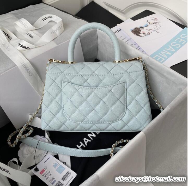 Discount Chanel flap bag with top handle Grained Calfskin A92990 light blue