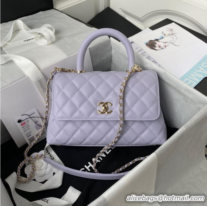 Famous Brand Chanel flap bag with top handle Grained Calfskin gold-Tone Metal A92990 light purple