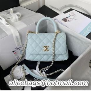 Well Crafted Chanel flap bag with top handle Grained Calfskin gold-Tone Metal AS2215 light blue