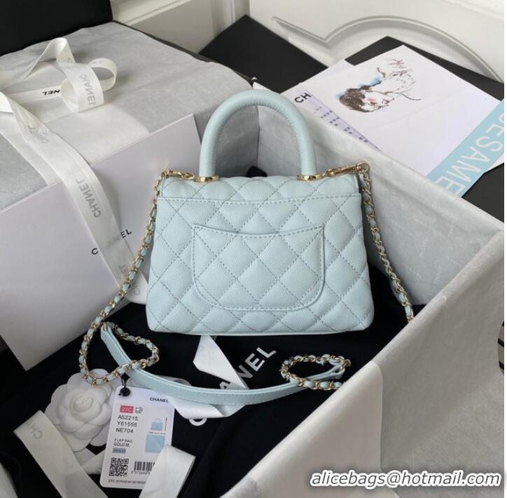 Well Crafted Chanel flap bag with top handle Grained Calfskin gold-Tone Metal AS2215 light blue