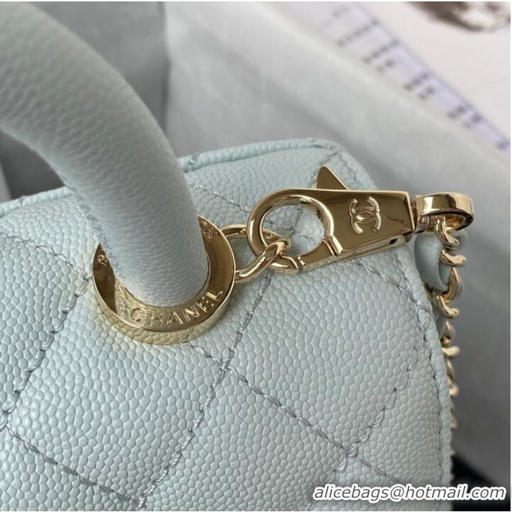 Well Crafted Chanel flap bag with top handle Grained Calfskin gold-Tone Metal AS2215 light blue