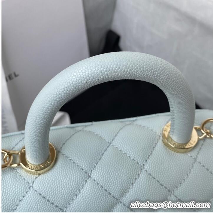 Well Crafted Chanel flap bag with top handle Grained Calfskin gold-Tone Metal AS2215 light blue