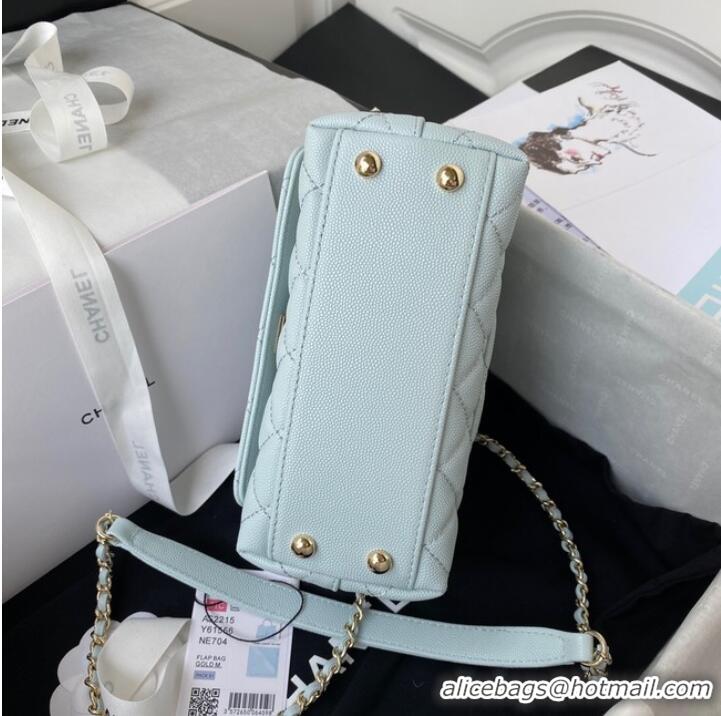 Well Crafted Chanel flap bag with top handle Grained Calfskin gold-Tone Metal AS2215 light blue