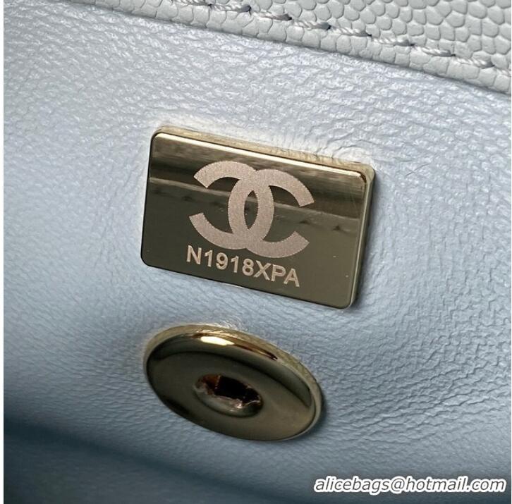 Well Crafted Chanel flap bag with top handle Grained Calfskin gold-Tone Metal AS2215 light blue