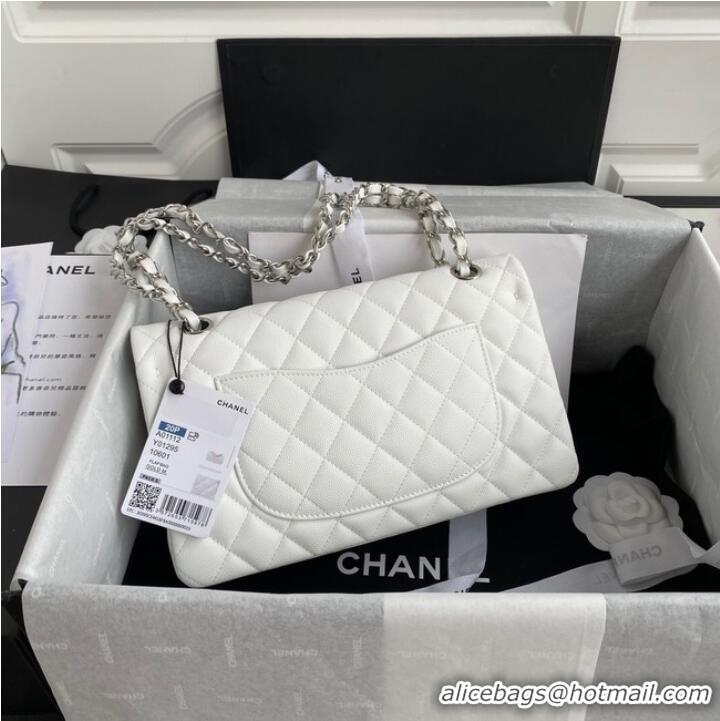 Famous Brand Chanel Flap Shoulder Bag Grained Calfskin A01112 silver-Tone Metal white