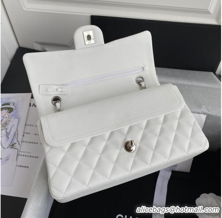 Famous Brand Chanel Flap Shoulder Bag Grained Calfskin A01112 silver-Tone Metal white