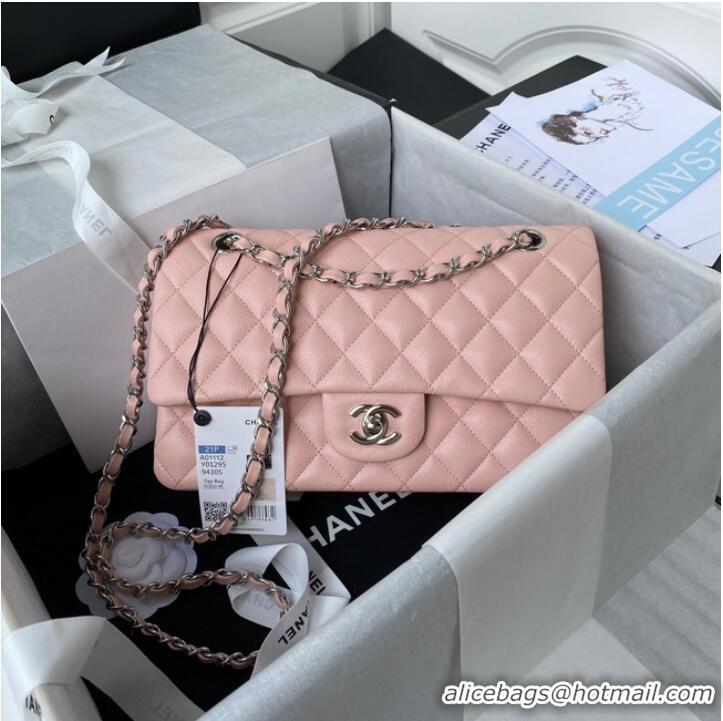 Free Shipping Chanel Flap Shoulder Bag Grained Calfskin A01112 silver-Tone Metal pink