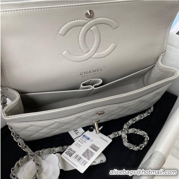 Discount Chanel Flap Shoulder Bag Grained Calfskin A01112 silver-Tone Metal light grey