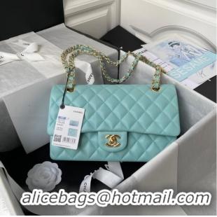 Classic Chanel Flap Shoulder Bag Grained Calfskin A01112 gold-Tone Metal sky blue