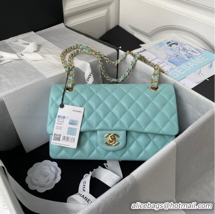 Classic Chanel Flap Shoulder Bag Grained Calfskin A01112 gold-Tone Metal sky blue