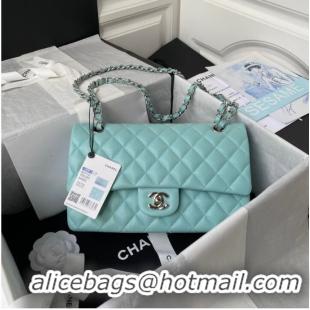 New Product Chanel Flap Shoulder Bag Grained Calfskin A01112 silver-Tone Metal sky blue