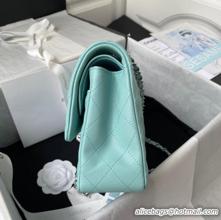 New Product Chanel Flap Shoulder Bag Grained Calfskin A01112 silver-Tone Metal sky blue