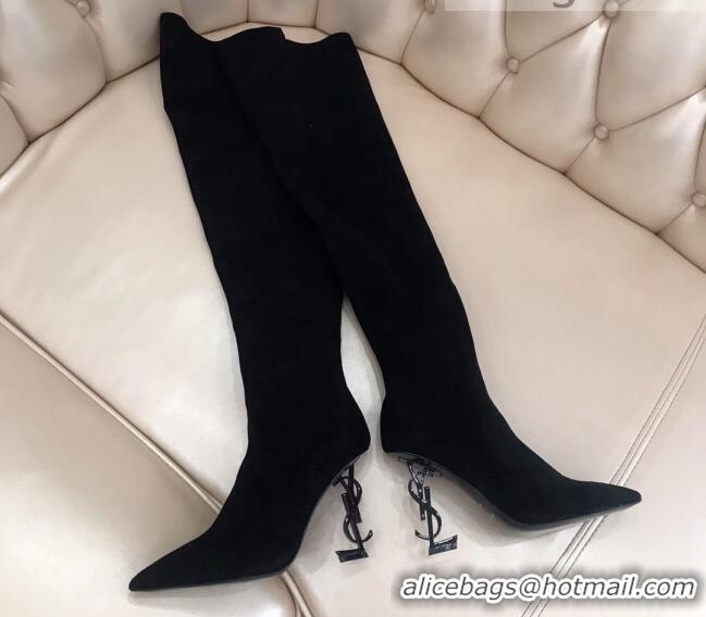 Best Design Saint Laurent STRETCH-FIT Velvet Over-the-knee Boots 123051 Black