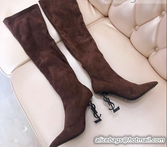 Fashion Saint Laurent STRETCH-FIT Velvet Over-the-knee Boots 123051 Brown