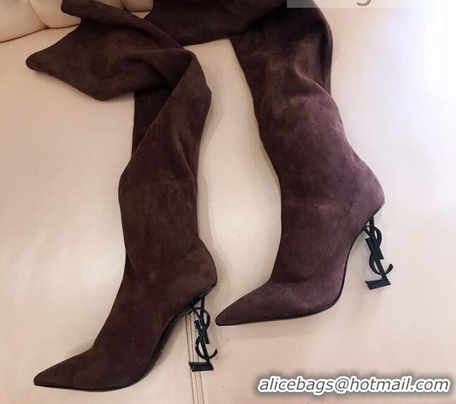 Fashion Saint Laurent STRETCH-FIT Velvet Over-the-knee Boots 123051 Brown