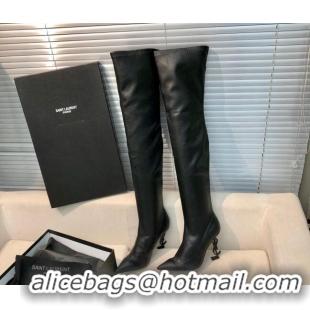 Discount Saint Laurent STRETCH-FIT Leather Over-the-knee Boots 123054 Black