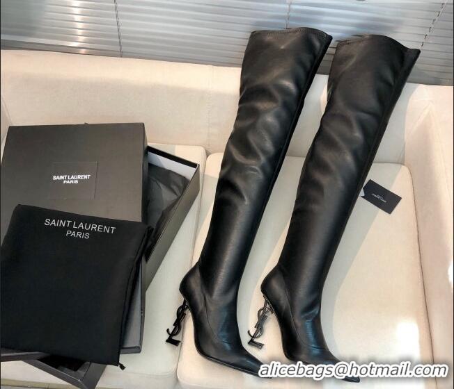 Discount Saint Laurent STRETCH-FIT Leather Over-the-knee Boots 123054 Black