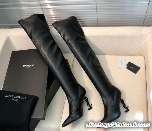 Discount Saint Laurent STRETCH-FIT Leather Over-the-knee Boots 123054 Black