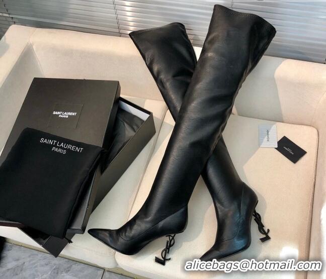 Discount Saint Laurent STRETCH-FIT Leather Over-the-knee Boots 123054 Black