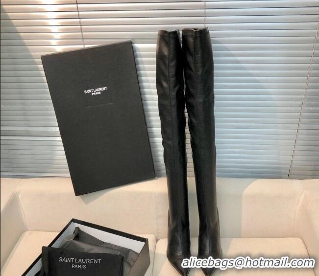 Discount Saint Laurent STRETCH-FIT Leather Over-the-knee Boots 123054 Black