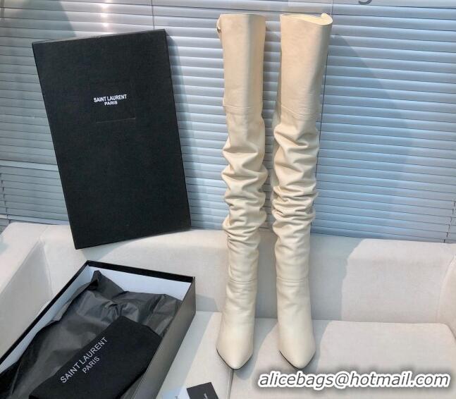 Unique Style Saint Laurent Jane Over-the-knee Boots in Calfskin Leather 123056 White