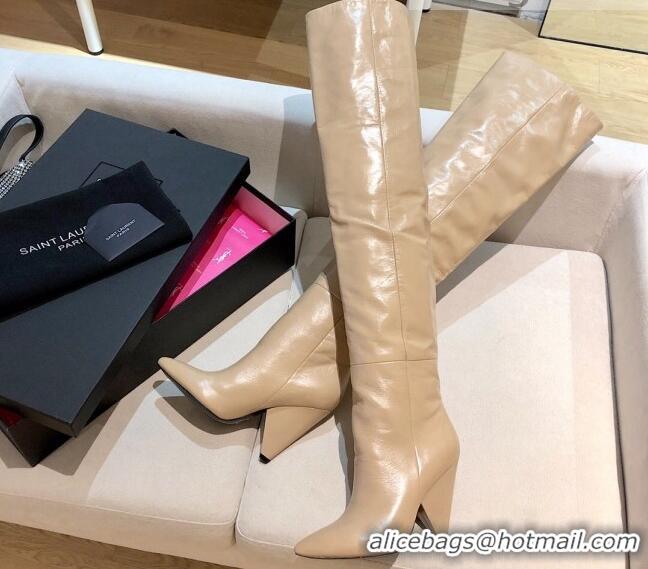 Best Product Saint Laurent Nike Over-the-knee Boots in Shinny Calfskin 125051 Beige