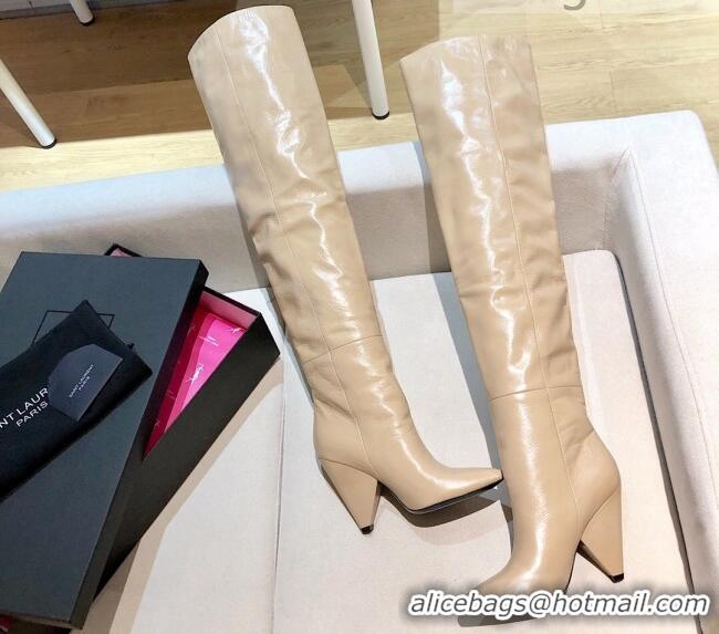 Best Product Saint Laurent Nike Over-the-knee Boots in Shinny Calfskin 125051 Beige