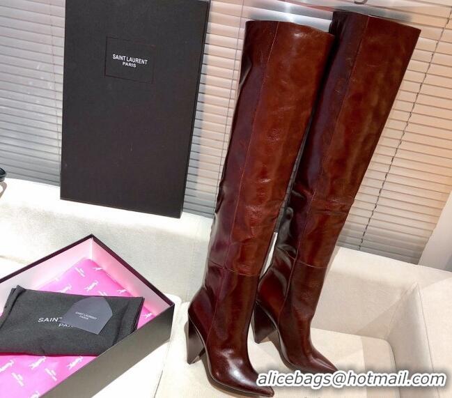 Super Quality Saint Laurent Nike Over-the-knee Boots in Shinny Calfskin 125051 Burgundy