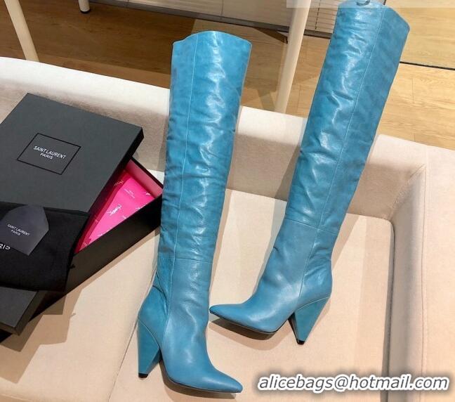 Best Grade Saint Laurent Nike Over-the-knee Boots in Shinny Calfskin 125051 Blue