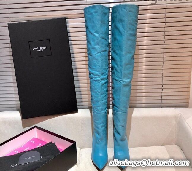 Best Grade Saint Laurent Nike Over-the-knee Boots in Shinny Calfskin 125051 Blue