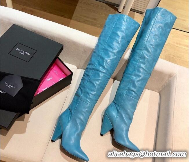 Best Grade Saint Laurent Nike Over-the-knee Boots in Shinny Calfskin 125051 Blue