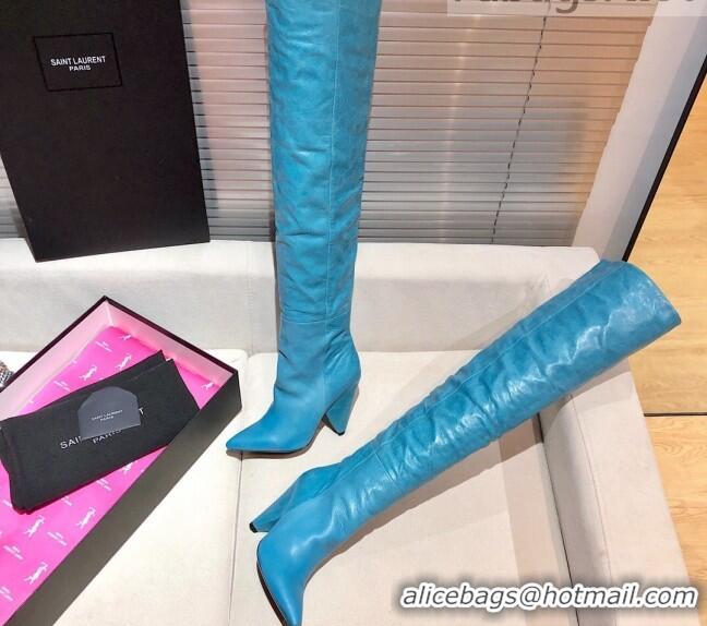 Best Grade Saint Laurent Nike Over-the-knee Boots in Shinny Calfskin 125051 Blue