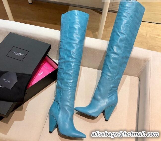 Best Grade Saint Laurent Nike Over-the-knee Boots in Shinny Calfskin 125051 Blue