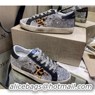 Custom Golden Goose Super-Star Sneakers in Silver Glitter and Black Leather With Leopard Print Star 105051