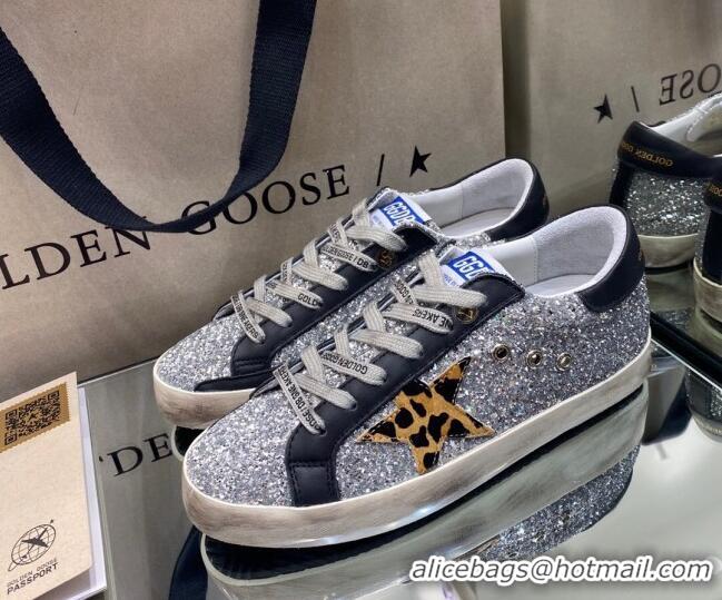 Custom Golden Goose Super-Star Sneakers in Silver Glitter and Black Leather With Leopard Print Star 105051