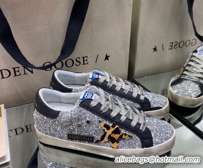 Custom Golden Goose Super-Star Sneakers in Silver Glitter and Black Leather With Leopard Print Star 105051